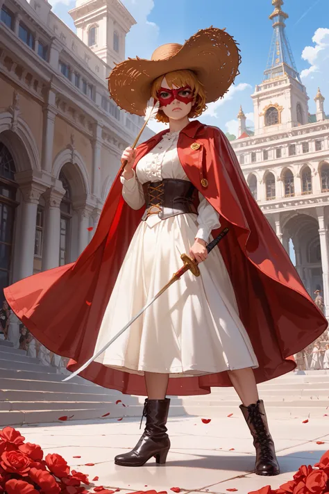  Side view, Full body, standing action pose, on ground, hands is holding 1 slender fencing sword a rapier, looking at viewer, 1 White American Actress, (golden short hair, serious, Black wide-brimmed hats with White one feather, eye hide Red mask with stri...