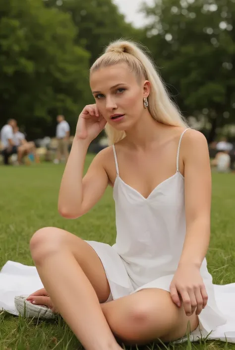 ( photorealistic , ROH, Film Photography,  unsaturated )  full body portrait of a beautiful girl ,  Open Mouth, slim fit, summer dress, sitting on a picnic blanket in the park , Sharp Focus, detailed features and eyes ,  bleached blond hair in a high ponyt...