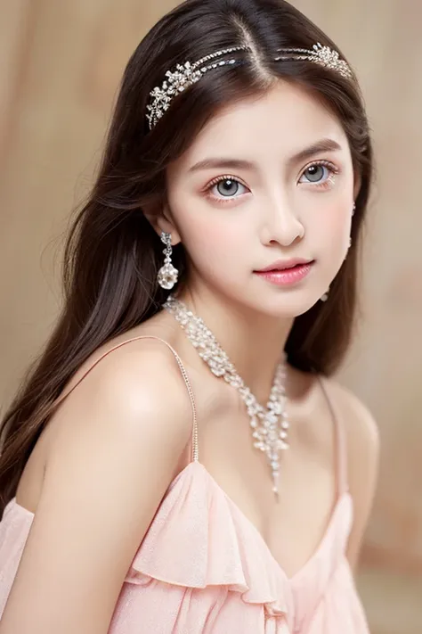  girl, delicate and innocent, look rich, cute, rich girl, pale white skin, long dark hair, beauty, wearing brandname pink dress, wearing expensive jewelry, big blue eyes