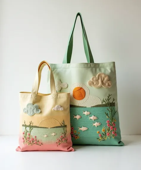 Design a contemporary tote bag crafted from naturally dyed tie-dye fabric in soft pastel hues of green, yellow, and pink. add craftsmanship with intricate hand stitch embroidery motif of lake view, fish, tree, clouds, flower, sun, in drawing motif that sca...