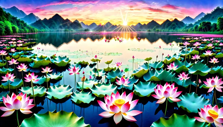 超 high image quality, high image quality, high quality , Spectacular Scenery , Magnificent Pure Land of Paradise ,((( A large group of huge and very beautiful lotus flowers that fill the surface of the lake))),(((1000 lotus flowers on the surface of the ...