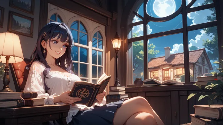  view from inside the house,Girl reading a ,Smiling girl reading a book,Midnight,I can see the moon,The background is real,Moon outside the window,Street lamp outside the window,