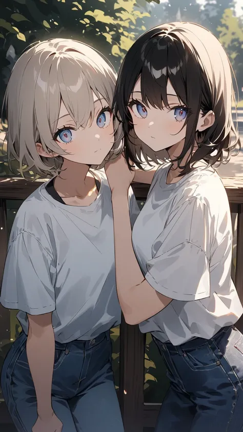 (((single panel 、 one picture、 illustration)))、Two anime-style young women 、 and wear 、 have beautiful white T-shirts and denim pants 、 or casual clothes 、 stand side by side in a peaceful urban park 。especially、 the two look closely at each other 、 their ...