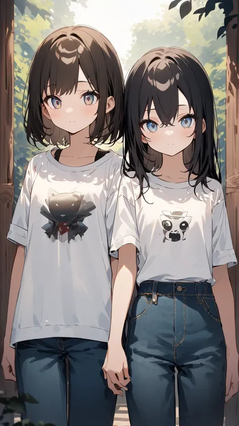 (((single panel 、 one picture、 illustration)))、Two anime-style young women 、 and wear 、 have beautiful white T-shirts and denim pants 、 or casual clothes 、 stand side by side in a peaceful urban park 。especially、 the two look closely at each other 、 their ...