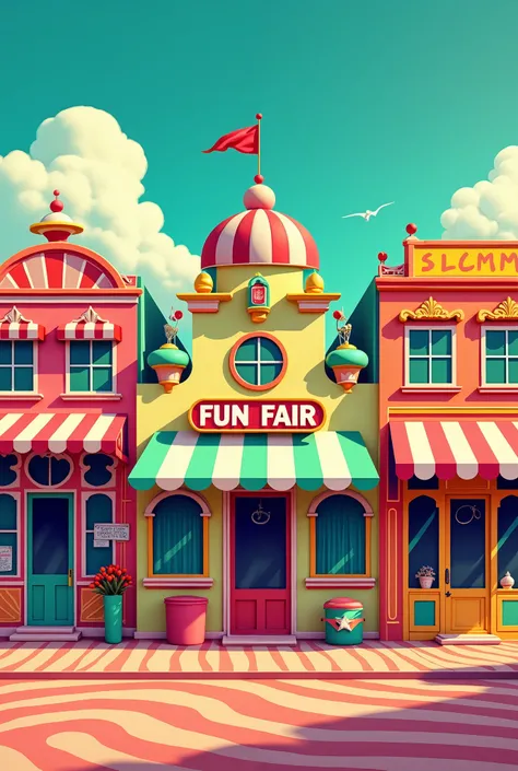 front view of buildings in an 1950s American fun fair pop art cartoon style