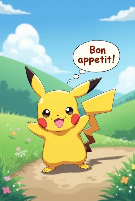  Take a picture , where Pikachu wishes you a good appetite in a text bubble