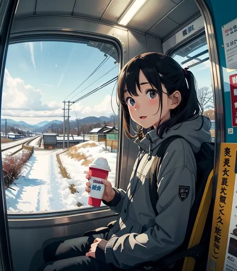  Masterpiece， top quality ，   high image quality ，(  super flat  ，  flat shading to drip saliva into a cup  )，   Fisheye Lens ，They look like they're on the train station platform 、 and you can see the rural scenery of Japan in the winter ，Japanese beverag...