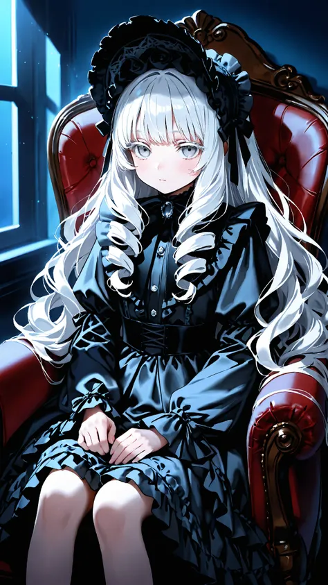   high quality，  long silvery hair，Curly Hair，
Half Closed Grey Eyes  ，White eyelashes，
  very young girl   ，    in the seat，
  Black Gothic Lolita  ，   black headdress ，
   dark room background  ， moonlight ，
