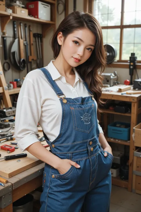 In her messy little workshop, a beautiful young Japanese female inventor in work-stained overalls poses proudly in front of a handmade, life-sized female sexaloid.