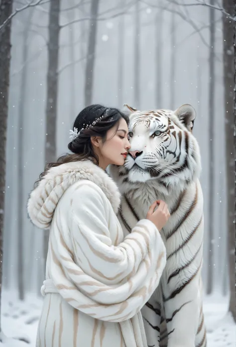 A woman and a slightly larger white tiger are depicted in a scene of mutual affection against a snowy backdrop. The woman dressed in winter fur coat, shares serene expressions with the tiger, emphasizing their harmonious coexistence. The setting is a tranq...