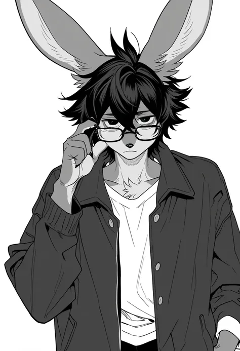 1boy, (furry, kemono:1.4), rabbit boy, animal nose, rabbit ears, male focus, glasses, solo, jacket, black hair, simple background, white background, black jacket, shirt, looking at viewer, hair between eyes, long sleeves, open jacket, open clothes, closed ...