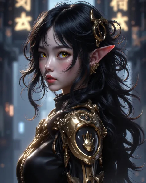  An exquisite and detailed masterpiece ， depicts the outstanding qualities of a top game artist in League of Heroes 。 a girl with charming yellow eyes and black hair，Interact with the audience in the side view 。 。