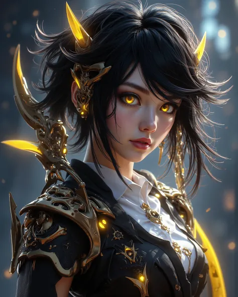  An exquisite and detailed masterpiece ， depicts the outstanding qualities of a top game artist in League of Heroes 。 a girl with charming yellow eyes and black hair，Interact with the audience in the side view 。 。