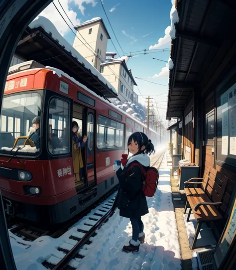  Masterpiece， top quality ，   high image quality ，(  super flat  ，  flat shading to drip saliva into a cup  )，   Fisheye Lens ，They look like they're on the train station platform 、 and you can see the rural scenery of Japan in the winter ，Japanese beverag...