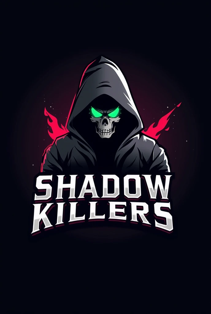 "Design a bold and striking logo for a gaming squad called 'Shadow Killers.' The logo should feature a dark, mysterious aesthetic with a combination of shadows and sharp, aggressive elements. Use a skull or a sleek, shadowy figure in the design, incorporat...