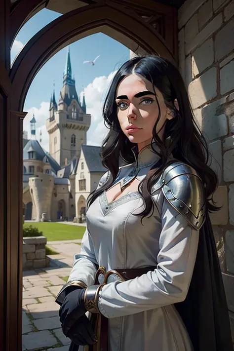  Portrait of a young girl ,   an elegant princess with gray eyes and black hair  ,   NPC for a medieval RPG in combat suits  ,   costumes for medieval combat in a medieval art RPG,   approximate detailed art in the medieval castle  , this девочка- and has ...