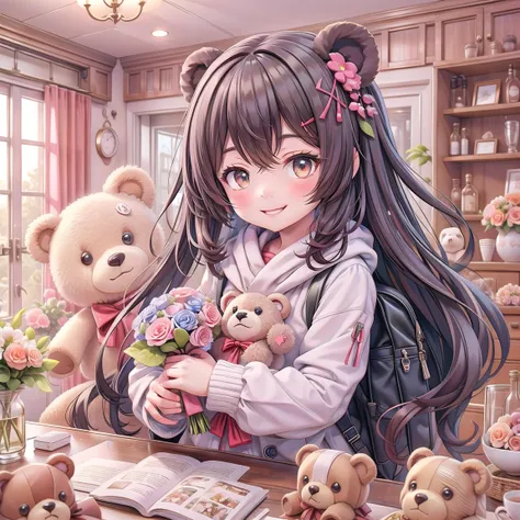 A cute little bear, Holding a bouquet, smiles, in the room, A whole bunch of teddy bears