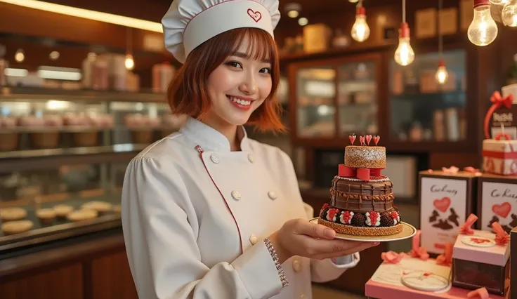 Valentine's day season, in a cozy pastry shop, a Japanese beautiful woman, as pastry chef, creating a luxurious large chocolate with intricate decorations, with bob hairstyles pale orange and brown hair, wearing a clean white chef's uniform and chef's hat,...