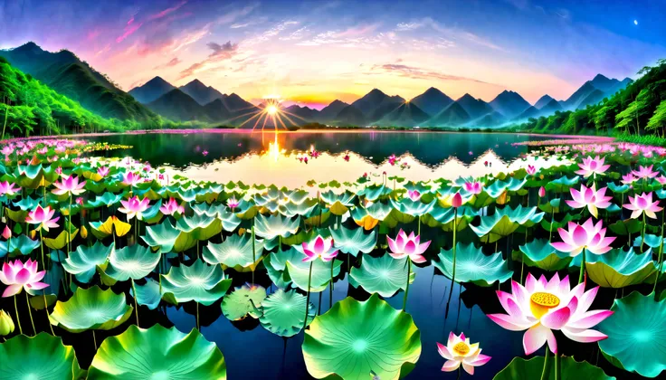 超 high image quality,  high image quality,  high quality , Spectacular Scenery , Magnificent Pure Land of Paradise ,((( large group of huge and very beautiful lotus flowers that fill the surface of the lake))),(((1000 lotus flowers on the surface of the la...