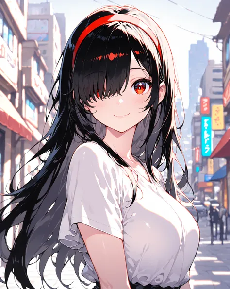 masterpiece,best quality,1girl,violetparr,long hair,black hair,hair over one eye,hairband,upper body,solo,smile,looking at viewer,city,blurry background,(mj manga),(detailed background)