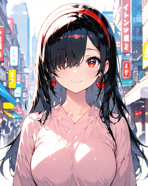 masterpiece,best quality,1girl,violetparr,long hair,black hair,hair over one eye,hairband,upper body,solo,smile,looking at viewer,city,blurry background,(mj manga),(detailed background)