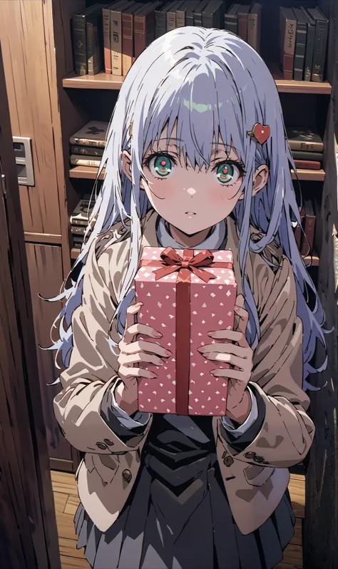  Prohibited bibliography,  green eyes ,  Lantern,  long hair,Tokiwadai uniform , hair ornament,  blazer,  red ribbon,  BLACK SOCKS, shoe  locker pov,  locker, letter, Heart Shaped Gifts , standing,Books,break indoors,corridor,
break looking at viewer, uppe...