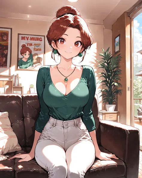 Debbie,broen eyes,hair bun,
green shirt,pants,earrings,smile,necklace,
sitting,couch, cleavage, 
home,indoors,living room,
(insanely detailed,masterpiece, best quality),(mj manga), (detailed background)