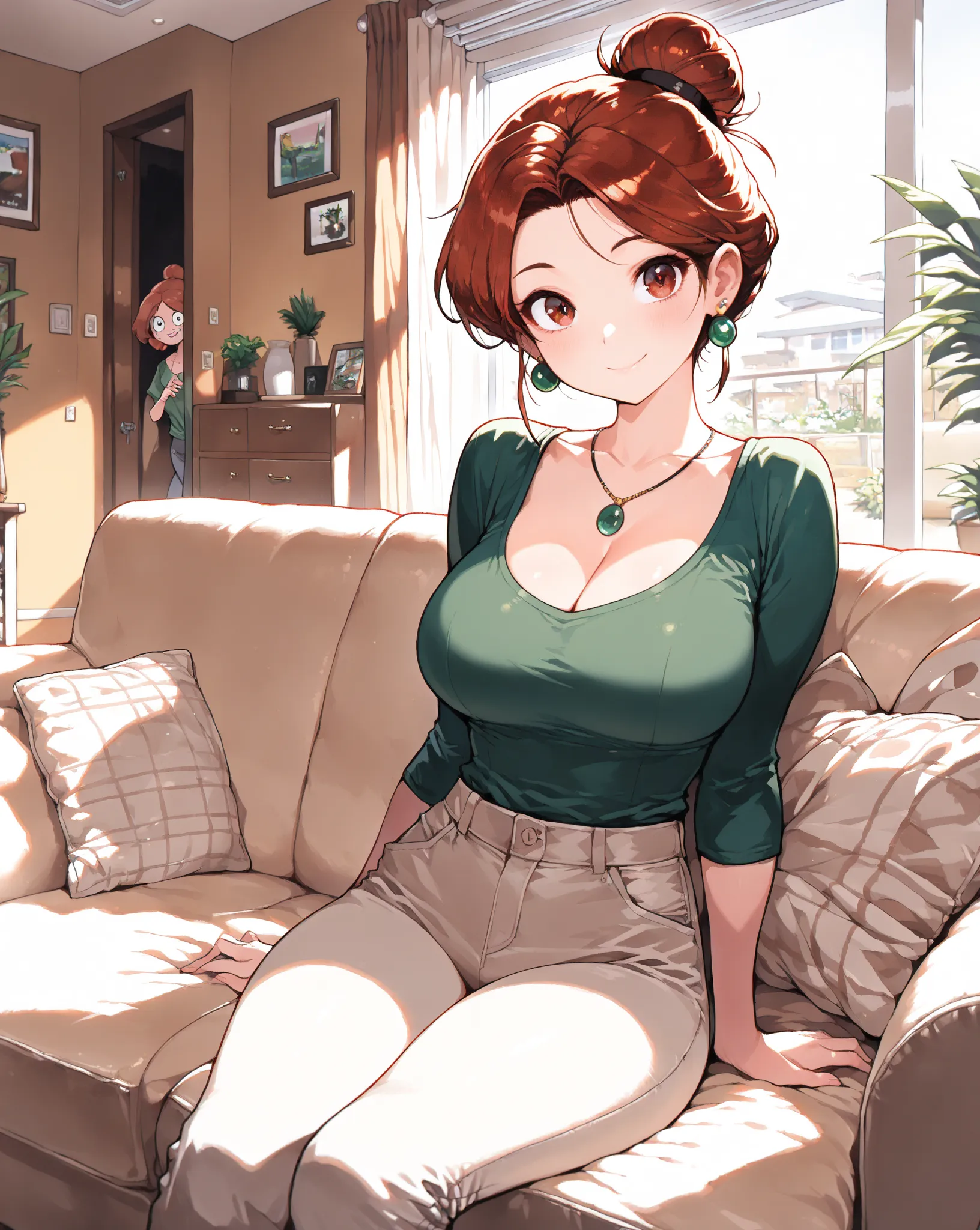 Debbie,broen eyes,hair bun,
green shirt,pants,earrings,smile,necklace,
sitting,couch, cleavage, 
home,indoors,living room,
(insanely detailed,masterpiece, best quality),(mj manga), (detailed background)