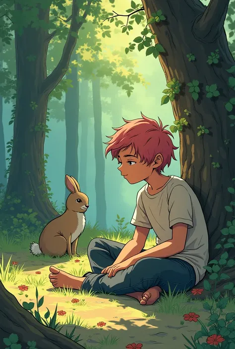 une planche de manga anime en couleur. On y voit un garçon de 15 ans paysans, cheveux rose en épi dans un monde fantasy couché au sol dans un dans une forêt, inconscient ou en train de se reposer. Il a les yeux mi-clos ou fermés. Il y a aussi un plan rappr...