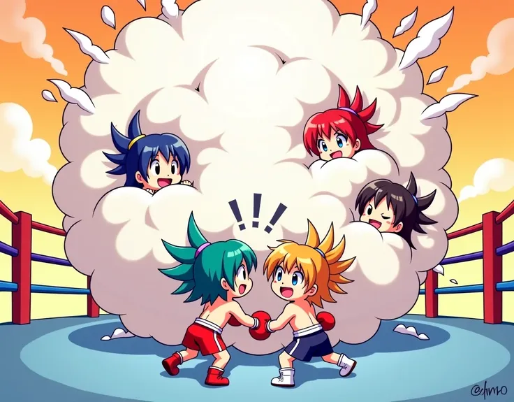 An anime-style illustration depicting many boxer-girls playfully wrestling with each other inside a ring comical fight cloud.
each boxer-girl has different colored hair.
their faces,hands,and feet are visible emerging from the cloud as they tussle humorous...