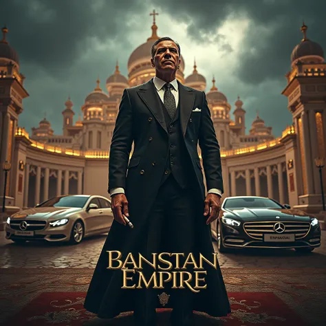 Create a realistic image of an empire type image where full luxury items like car and a big palace building, the name "BANSTAN EMPIRE" written in pic with bold and silver effect ... The background is luxury and thunder ⚡⛈️ type. There's also a man in luxur...