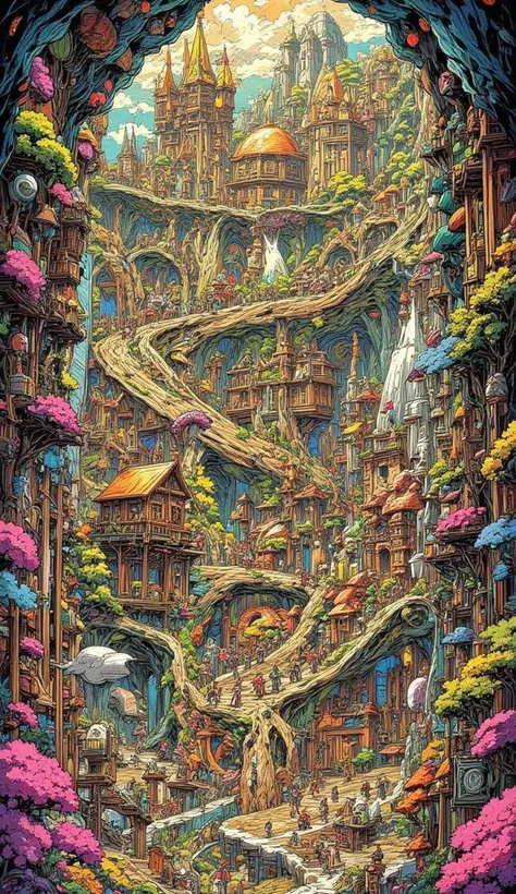 地下のドワーフ王国のSectional viewを掲載した芸術的なポスター,  The underground kingdom,A vast kingdom underground in a mountain range , multiple structures stretched underground like ant nests , very small dwarves , apartment ,  Allegorical Design ,Sectional view,Sectional viewの...