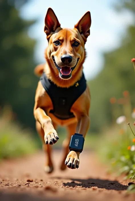  Make a realistic image of a dog doing physical activity, running with running suits and a watch on the wrist 
