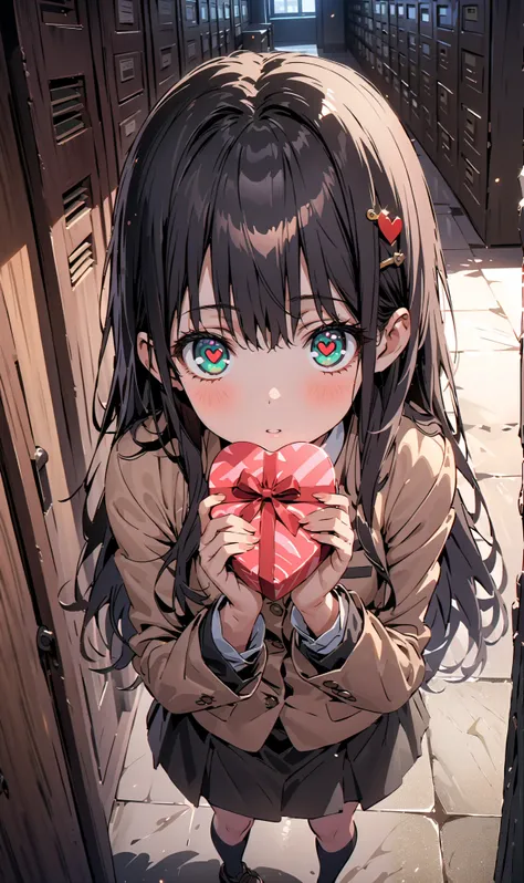  Prohibited bibliography,  green eyes ,  Lantern,  long hair,Tokiwadai uniform , hair ornament,  blazer,  red ribbon,  BLACK SOCKS, shoe  locker pov,  locker, letter, Heart Shaped Gifts , standing,Books,break indoors,corridor,
break looking at viewer, uppe...