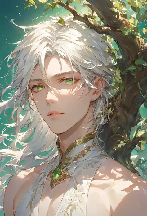 A hyper-detailed, ultra-high-quality anime-style illustration of a male character embodying a thorn-covered tree. His long, flowing white hair cascades in intricate strands, each rendered with silky highlights and lifelike texture, catching the soft ambien...