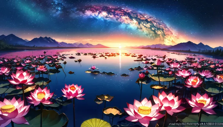 超 high image quality, high image quality, high quality , Spectacular Scenery , Magnificent Pure Land of Paradise ,((( large group of huge and very beautiful lotus flowers that fill the surface of the lake))),(((1000 lotus flowers on the surface of the la...