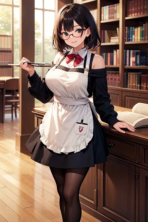 (( top quality)), (( Masterpiece)), (  Details),  1 girl,  off-shoulder sweater,  short skirt, black tights,Put on a smile , apron, Libraries ,Shadows on bookshelves , big breasts,Glasses, skirt