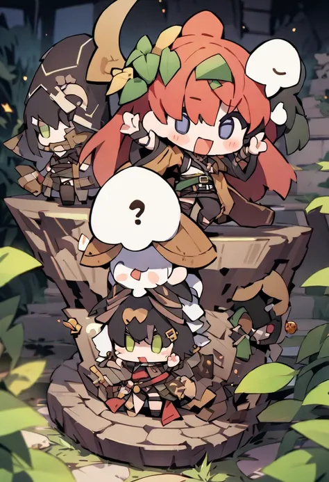  Masterpiece,  top quality,  an SD character warrior with 3 heads in a comical and mysterious underground world、Monk、Wizard３Chibi and the cute girls are on a crazy adventure