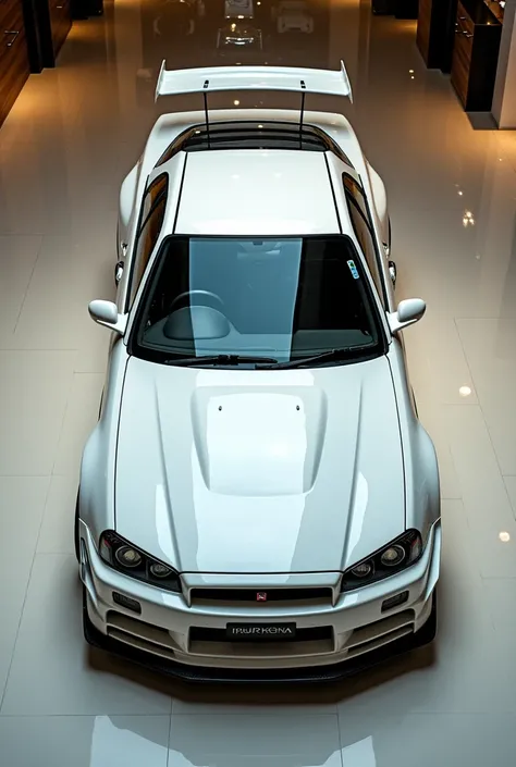 Nissan BNR34 Skyline GT-R V・specⅡ Nur '02 Millennium Jade in white luxurious showroom, above view