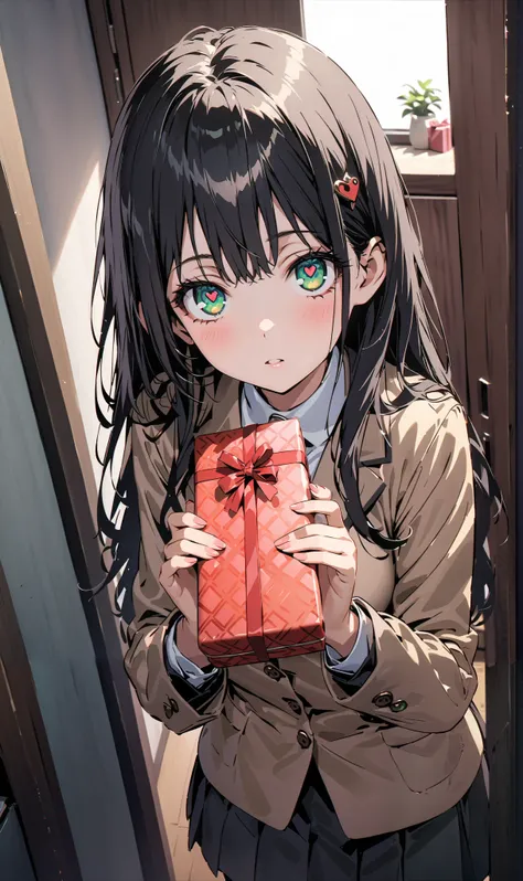  Prohibited bibliography,  green eyes ,  Lantern,  long hair,Tokiwadai uniform , hair ornament,  blazer,  red ribbon,  BLACK SOCKS, shoe  locker pov,  locker, letter, Heart Shaped Gifts , standing,break indoors,corridor,
break looking at viewer, upper body...