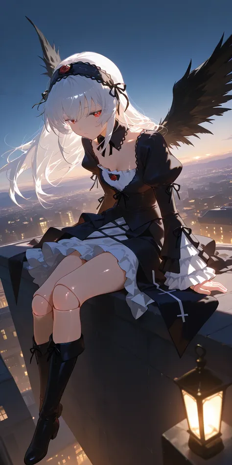 solo,1girl\(suigintou\(rosen maiden\),doll,small, (suigint0u:1.2), doll joints, white hair, long hair,black hairband, black wings,frills, black dress, detached collar, black ribbon, long sleeves, frilled sleeves, puffy sleeves,long boots,cute,lonely\).sitt...