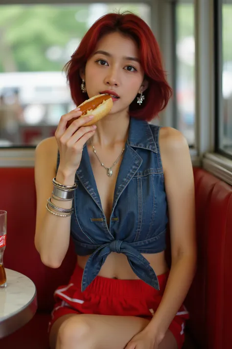 Full-length portrait of young beautiful Japanese woman with layered short bob hair dyed red.
Blue denim crop top with lapel collar on bare skin, front knot, sleeveless, plunging neckline, front buttons, clavicle, blue top, detailed denim texture, cleavage,...