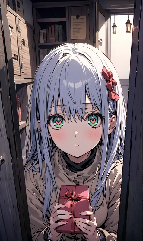  Prohibited bibliography,  green eyes,  Lantern,  long hair,Tokiwadai uniform , hair ornament,  blazer,  red ribbon,  BLACK SOCKS, shoe  locker pov,  locker, letter, Heart Shaped Gifts , standing,Books,break indoors,corridor,
break looking at viewer, upper...