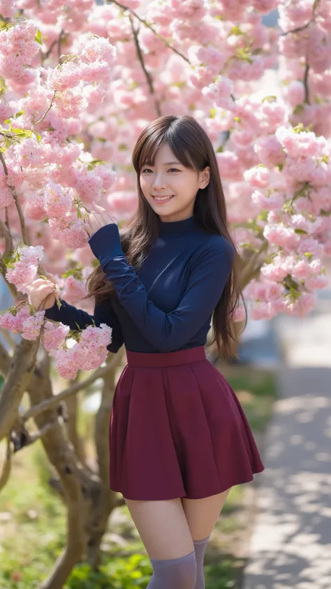 A woman in her 20s standing posing on a street tree in spring with a blizzard of cherry blossoms、She is wearing a navy blue turtleneck that fits her body, a dark red circular skirt, and over-the-knee socks and high heels、 has long hair fluttering in the wi...