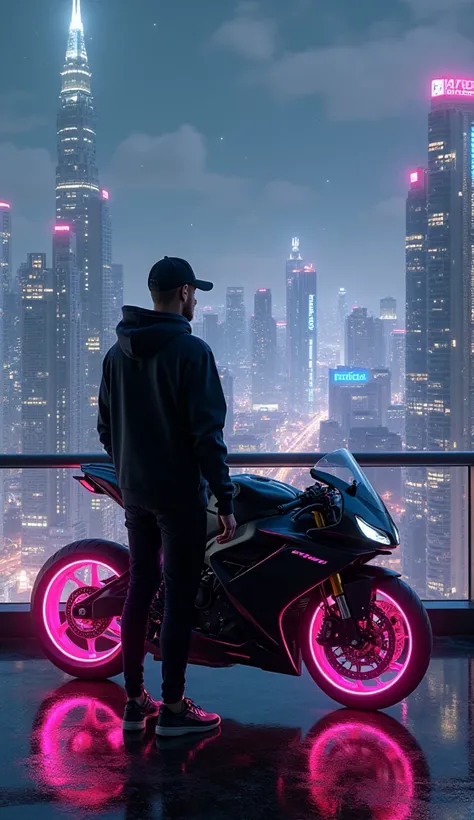 A young man in a black hoodie, cap, and sneakers stands beside a sleek black street motorcycle with neon pink glowing rims. He gazes at a breathtaking cyberpunk cityscape from a high-rise balcony. The futuristic skyline is illuminated with towering skyscra...