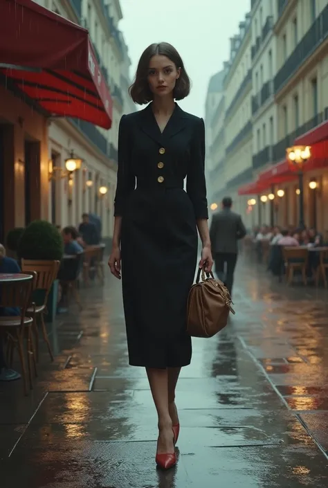 
A girl with a classic look with classic har in Paris in 1967who is walking in the rain 