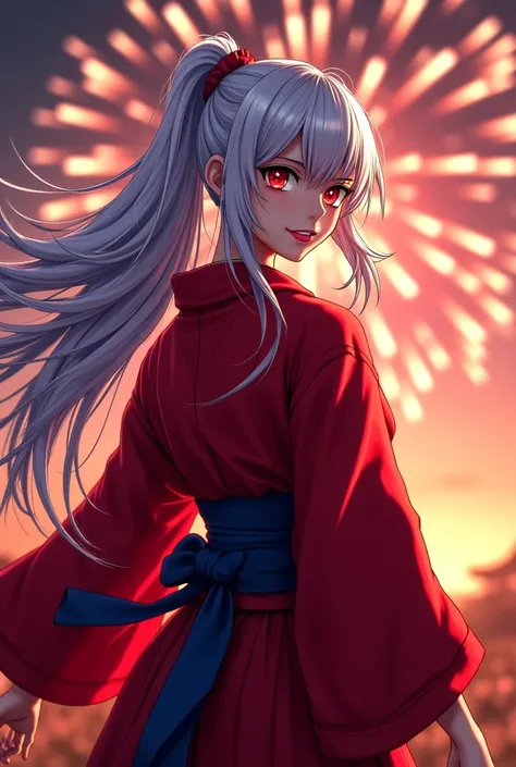 "4K anime style quality, digital drawing mode, a fierce and confident warrior with long white hair streaked with blue, sharp red eyes, and a determined smile, wearing a red kimono, standing on in a festival with fireworks exploding in the background, full ...