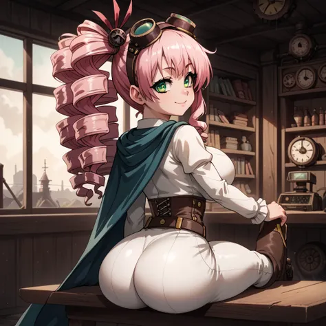 Score_9,  4k, 8k, Super detailed, masterpiece,, source_anime,  anime oppai loli,  long hair, muscular girl ,solo, fallout  ,pink hair, drill hair, side ponytail, frills , green eyes, detalized eyes,  big breasts, smile, huge ass, large breasts, belt, engin...