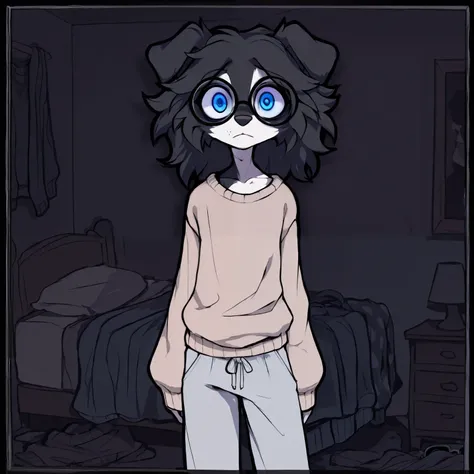 Dog furry, border collie furry, blue eyes, dog, man messy clothes, man, masculine, border collie features, sweater, sweatpants, messy bedroom, incel bedroom, solo, incel, glasses, skinny, masculine clothes, man, creepy, creepy man, dark.