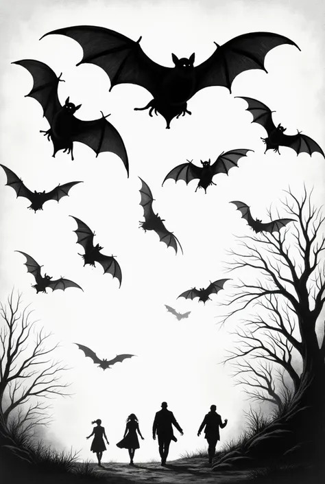 " Detailed black and white illustration in the Gothic style . Several smaller bats fly in different directions,  creating a dynamic and chaotic effect .  At the bottom of the image ,  small silhouettes of people appear running ,  conveying a sense of fligh...